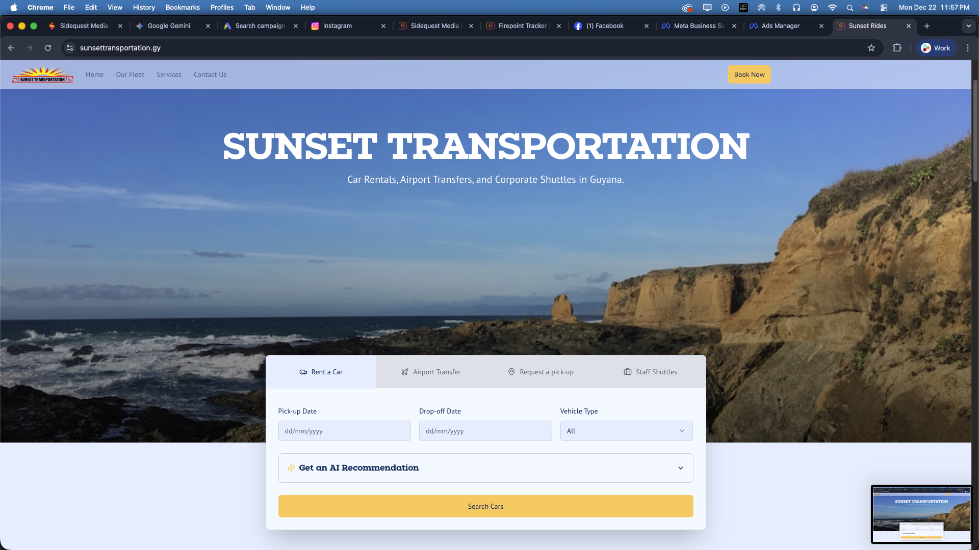 Screenshot of the Sunset Transportation website
